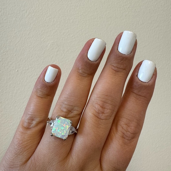 Opal Ring, Radiant Cut Lab Fire Opal Ring with Heart Stones, Sterling Silver - Picture 7 of 11